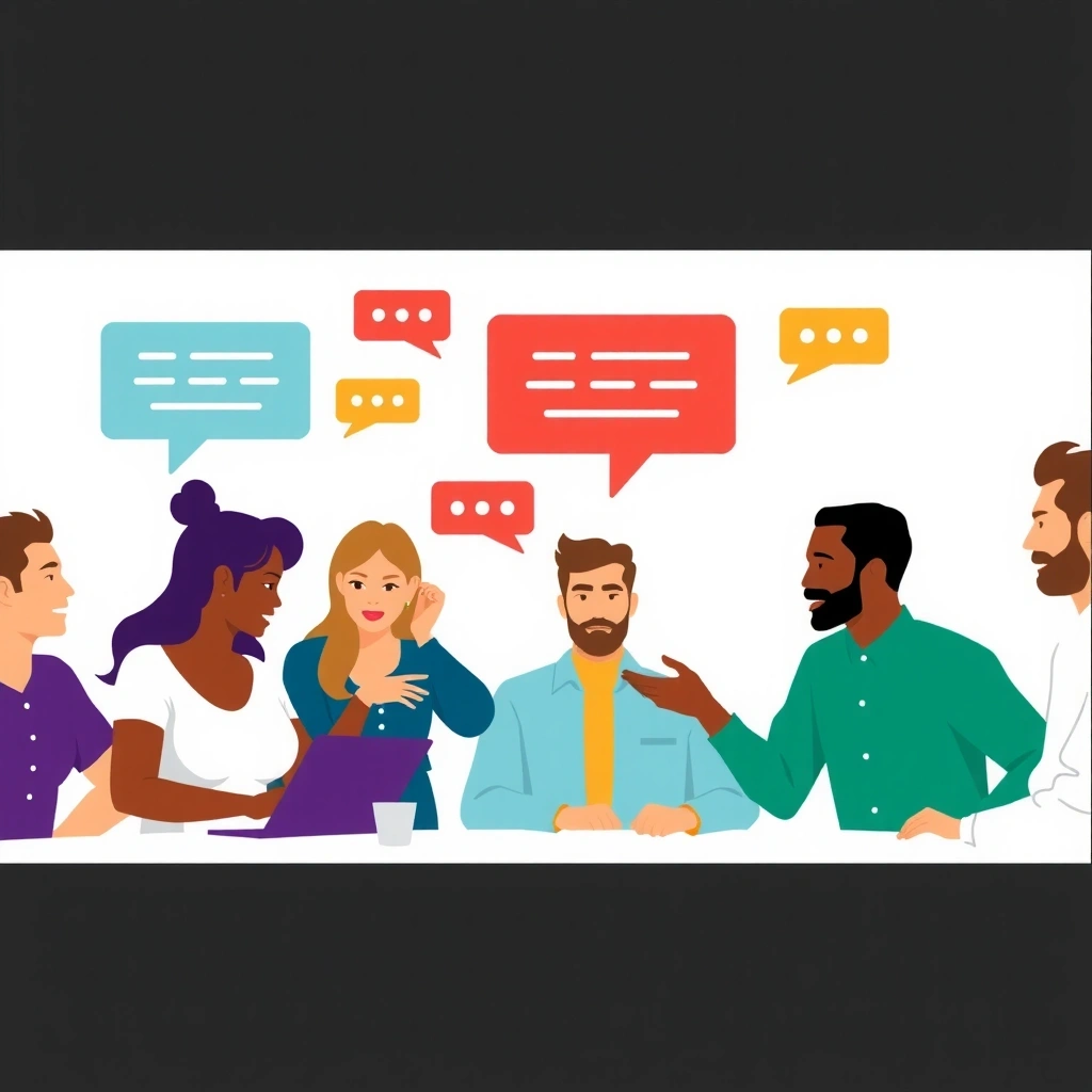 Grup de oameni care discută animat, reprezentând o comunitate online