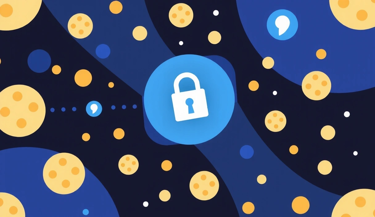 Ilustrație abstractă cu simboluri de cookie-uri și date digitale, reprezentând securitatea online.