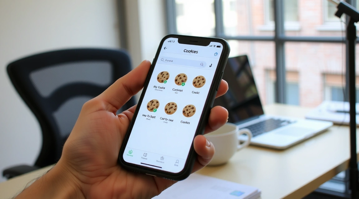 O mână ținând un smartphone cu pictograme de cookie-uri pe ecran, pe un fundal estompat de birou.