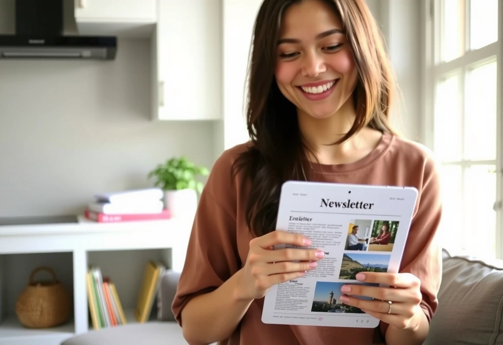 O persoană zâmbitoare citind un newsletter pe tabletă