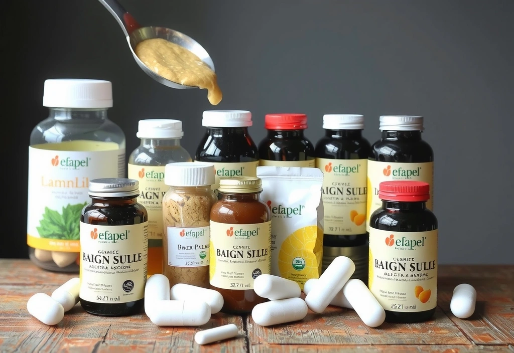 O colecție variată de flacoane cu suplimente alimentare, aranjate estetic pe o masă din lemn, fără etichete vizibile ale brandurilor, sugerând diversitatea și natura generică a produselor.