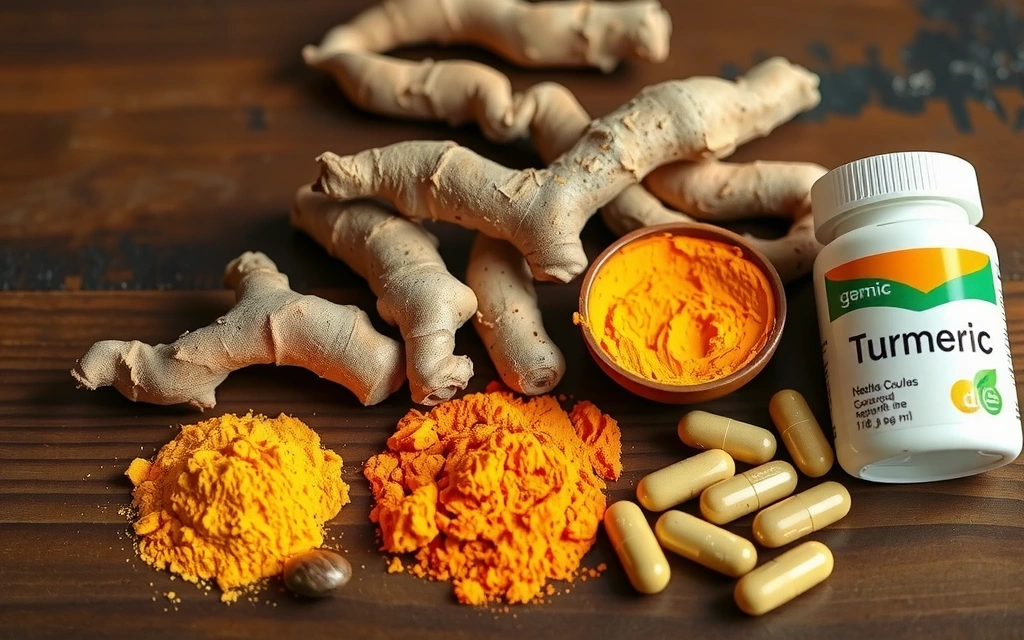 Pulbere de curcuma și rădăcini proaspete de curcuma lângă capsule, reprezentând proprietățile antiinflamatorii.