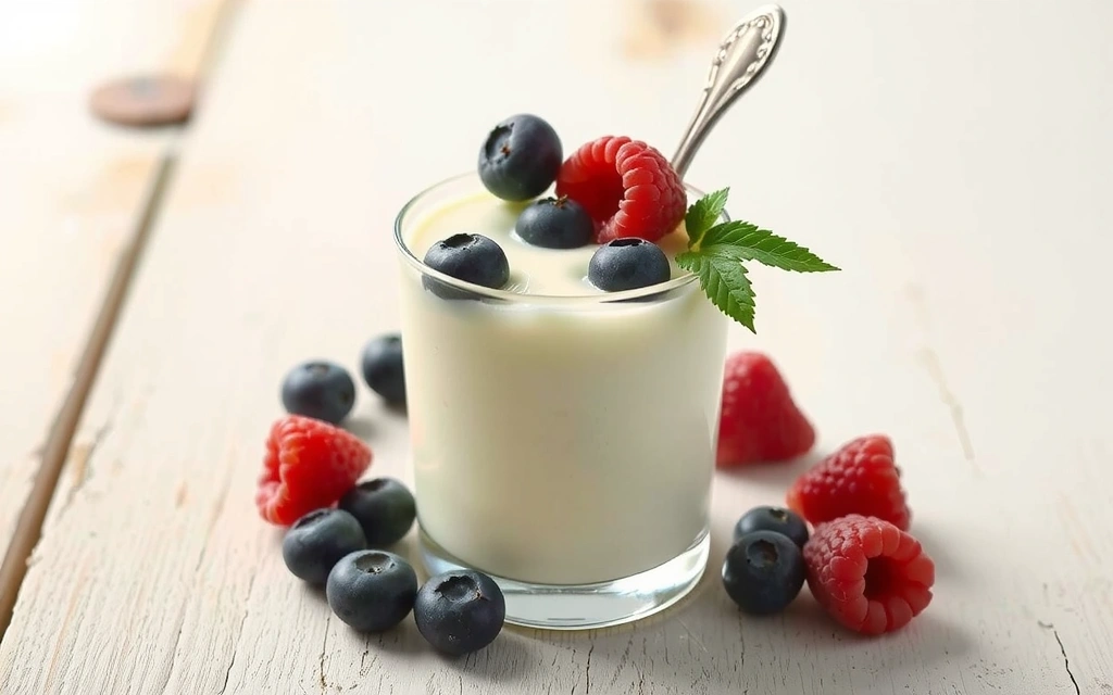 Un pahar cu kefir sau iaurt, cu fructe de pădure și o lingură, simbolizând probioticele pentru digestie.