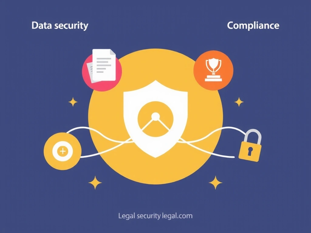 Imagine abstractă reprezentând securitatea datelor și conformitatea legală, cu ilustrații de documente și simboluri de protecție.